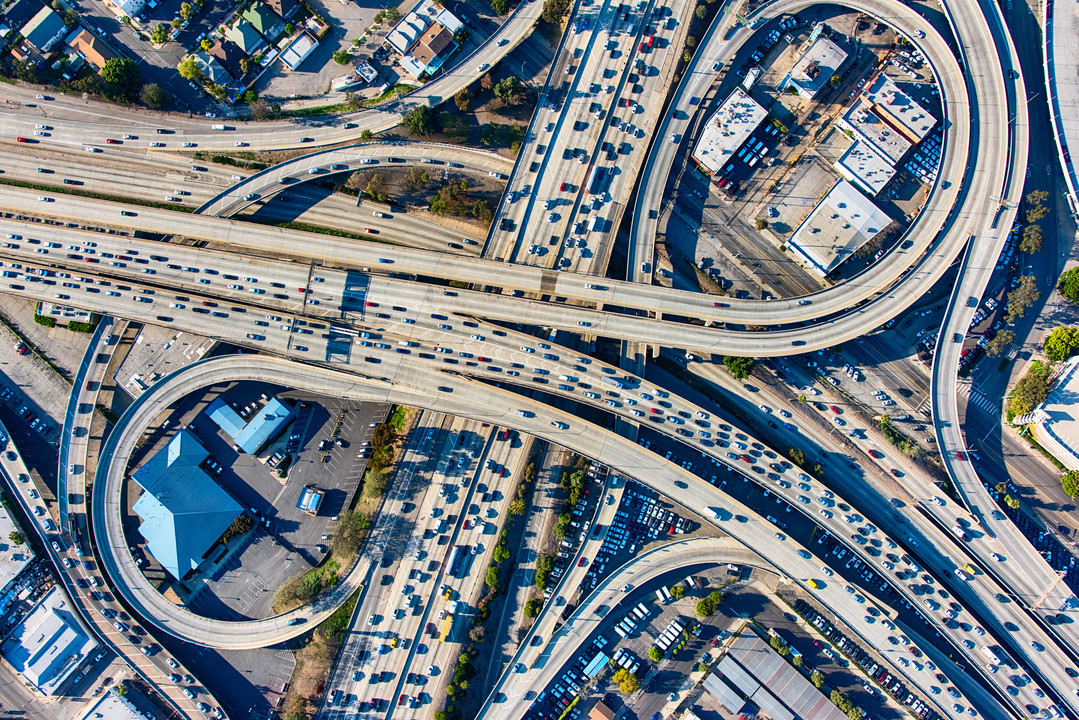 Busy Los Angeles Freeway Interchange Aerial