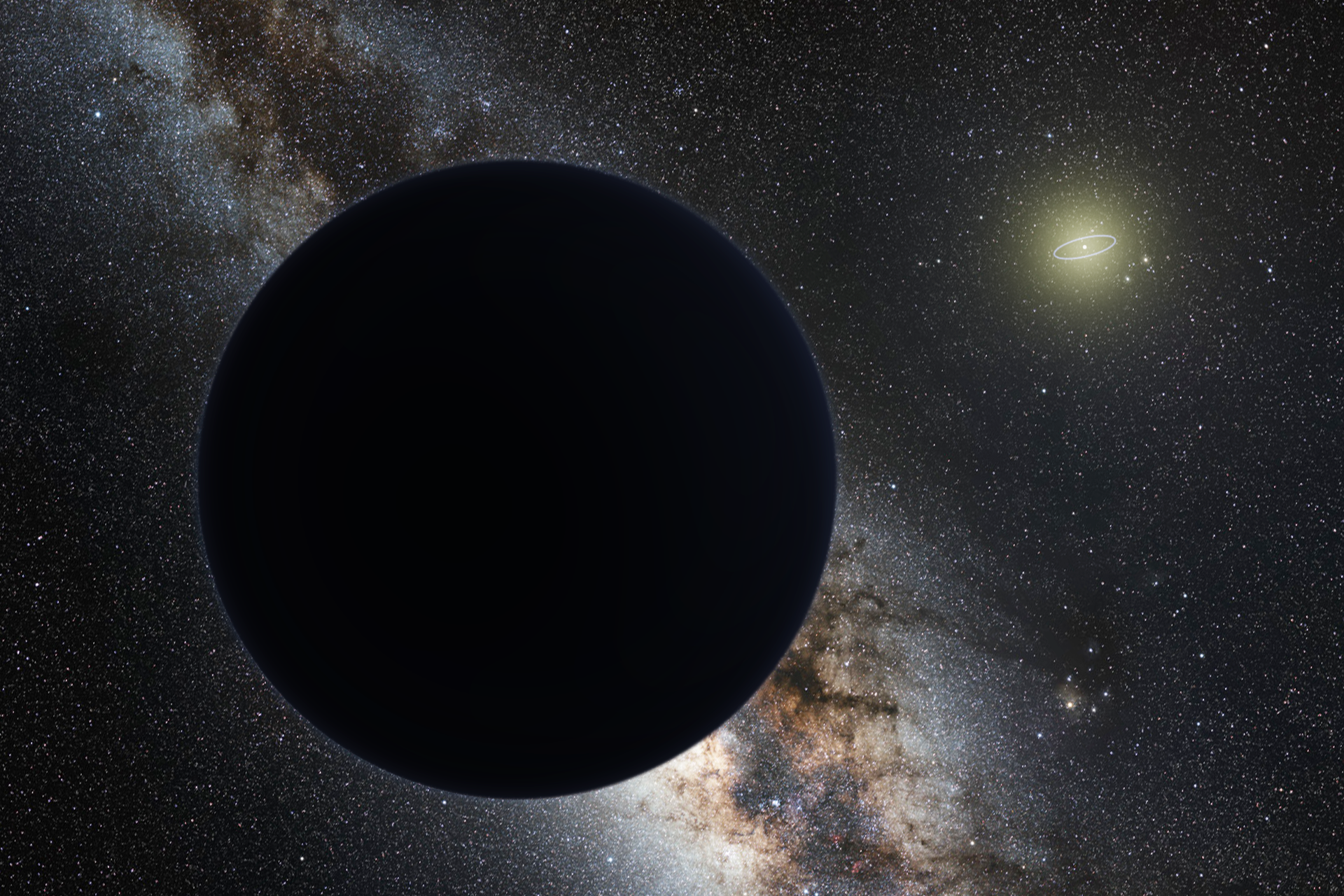 Artist’s impression of Planet Nine, depicted as a dark sphere with the Milky Way in the background.