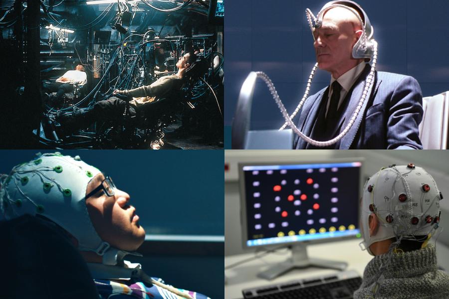 Science fiction and superhero films portray brain-machine interfaces as malevolent robots that plug into human brains for fuel in The Matrix (top left) or as power-enhancing devices in X-Men (top right).