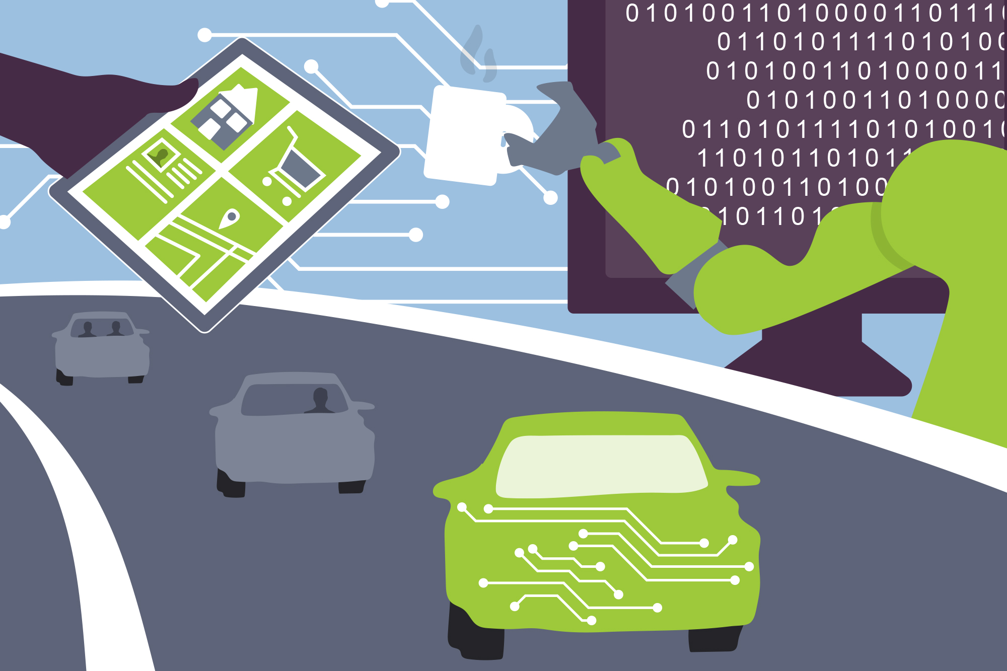 Illustration of cars on a street, and a robot arm with code on a screen in the background